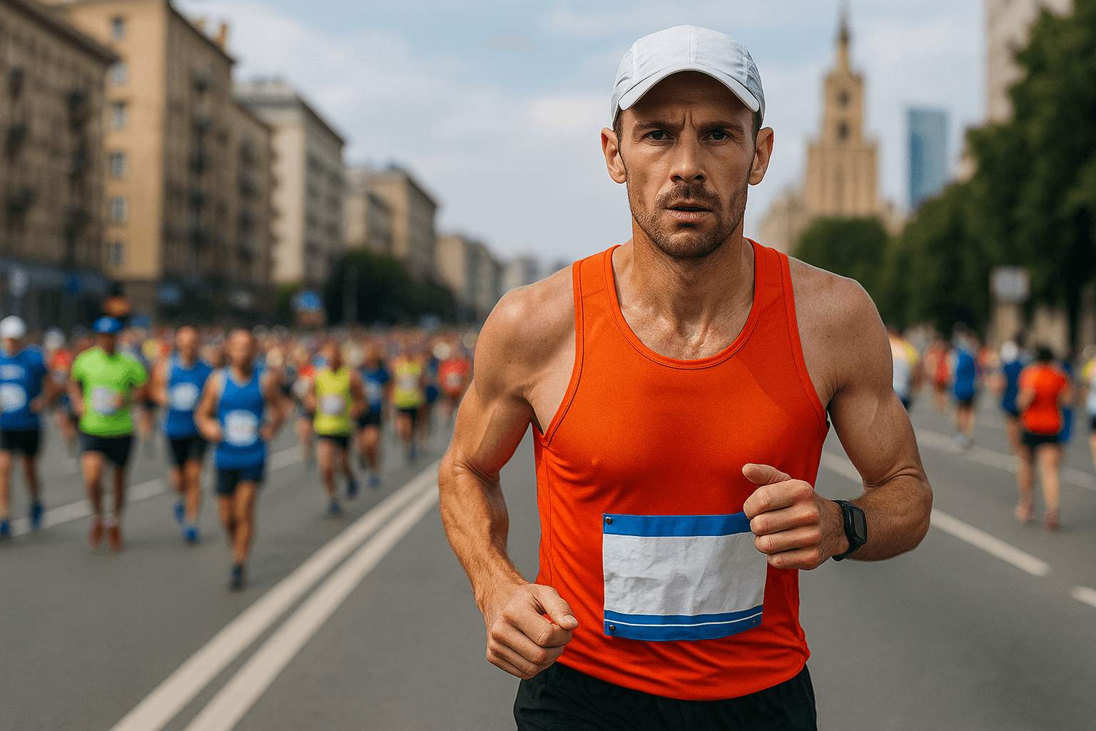 Biegacz w pełnym skupieniu podczas zawodów długodystansowych